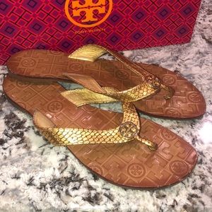 Tory Burch Thora Sandals, sz 8 Met Gold Snake